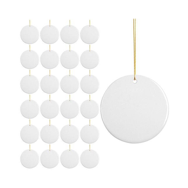 Craft Express 3" Round Double-Sided Sublimation Ceramic Ornaments – Glossy White with Strings