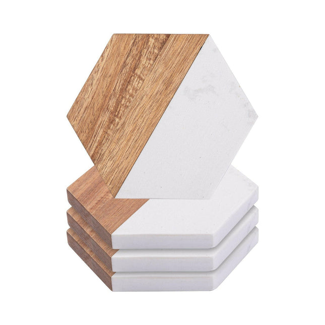 Craft Express 4 Pack Engravable Hexagonal Marble and Wood Coasters – 4" Laser-Ready