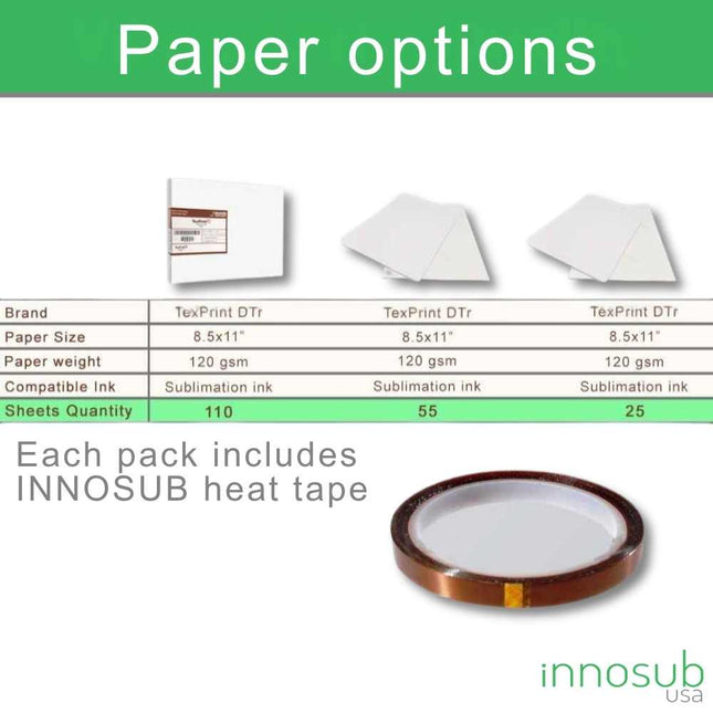 OEM Texprint Sublimation Paper 8.5x11 for Ricoh Printers | 120 Gsm | Dye Sublimation Transfer Dt Heavy Paper (Pack of 110 Sheets) Comes with Innosub Heat Tape Resistant, sublimation paper for epson